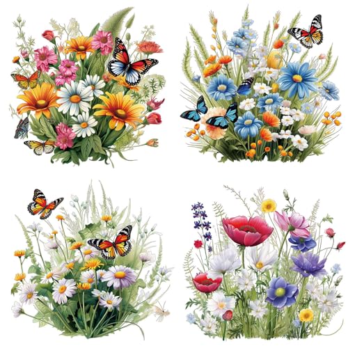 4 Sheet Flower Butterfly Heat Transfer Vinyl Decals Watercolor Various Floral Butterflies Design Iron on Patches Spring Theme Iron on Transfer Sticker for Clothing T-Shirt Pillow Backpack Decoration - color: Watercolor Flower Butterfly