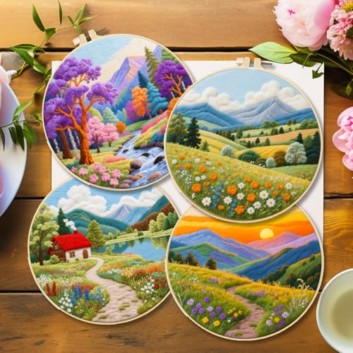 BEUNITONE 4 Set Fairy Tale Landscape Embroidery Kit for Beginners 7.9"x7.9" Pre-Stamped Pattern Needlepoint Kits with Hoop, Tools & Instruction, Handamde Embroidery Kits for Fabric and Home Decor - style: C-Natural Scenery