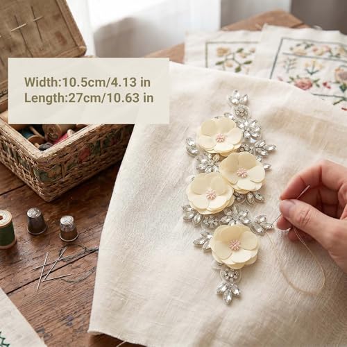 Handmade 3D Flower Embroidery Applique Rhinestone Lace Patches, Beige, 1 PC - color: Beige