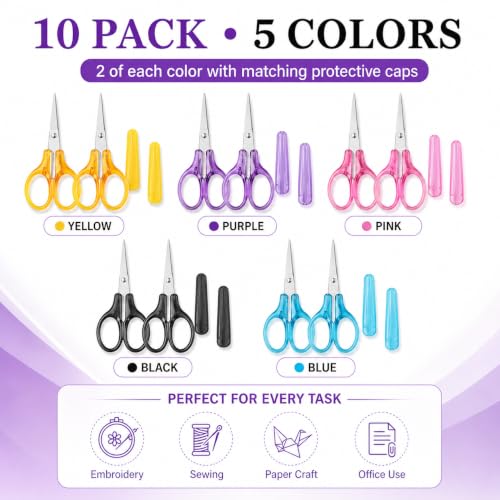 10Pcs Small Scissors All Purpose with Protective Cover, 5Colors