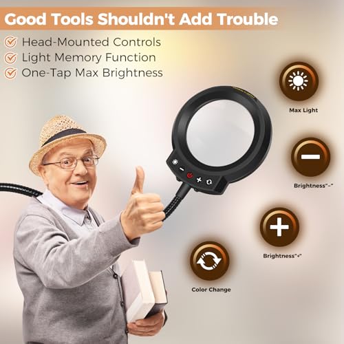 Magnifying Glass with Light and Clamp Desktop Bigger 10X Magnifier Desk Clip on Lamp for Close Work, Bed Book Reading,Crafting,Sewing, Soldering, USB (Black, 18.6 inch)