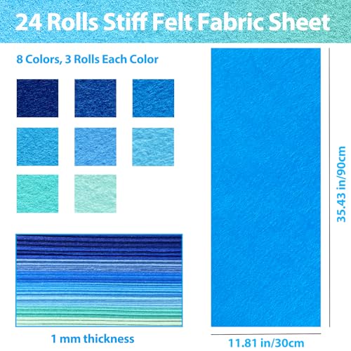 24 Pcs Wool Blend Felt Sheets Bulk, 12"x35", 1MM Thick - color: Blue & Teal Series