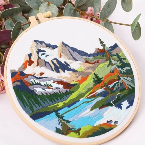 Harimau Adult Beginner Embroidery Starter Kit, Complete Set with 4 Patterns, 2 Hoops, Needles, Scissors, Instruction Guide & Stitching Video Tutorials - color: Mountain
