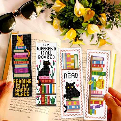ACRNIGHEET 12PCS Cross Stitch Bookmark Kit for Adult Beginners, Cats and Bookshelf Pattern Stamped Embroidery Bookmark, Needlework Kit with Instructions, Size 8.5''x3'' - style: Bookshelf Patterns
