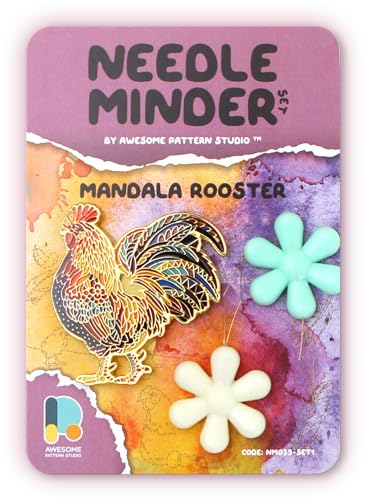 Awesome Pattern Studio Needle Minder Set - Mandala Rooster Magnetic Needle Minder + 2 Needle Threaders. Enamel Pin for Cross Stitch, Embroidery and Craft