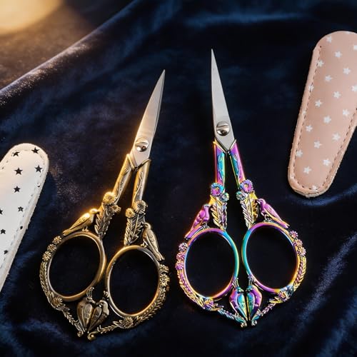 Crochet Scissors with Cover – Vintage Small Embroidery Scissors, Sharp Sewing Scissors for Yarn Thread Craft Needlework, Pretty Gift for Crocheter Quilter, 4.6 Inch 2 Pack - color: Rainbow&bronze