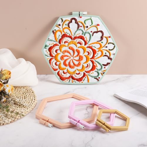 PATIKIL 2 Pieces 8.3" x 7.3" Hexagonal Embroidery Hoops, Adjustable Cross Stitch Hoops Ring ABS Plastic Embroidery Frame Punch Needle Hoop for Sewing, Needlework, DIY Craft, Khaki - color: Khaki, size: 8.3" x 7.3"