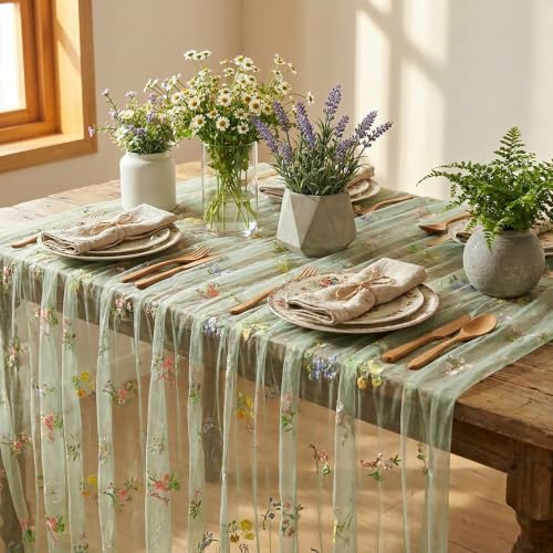 Floral Gauze Table Runner Green 10ft Embroidery Tulle Spring Wildflower - color: Green, size: 60"x120",1pc