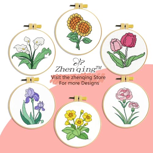 Zhenqing 4 Pack Flower Stamped Cross Stitch Kit for Beginners - color: Floral-4 Piece-1