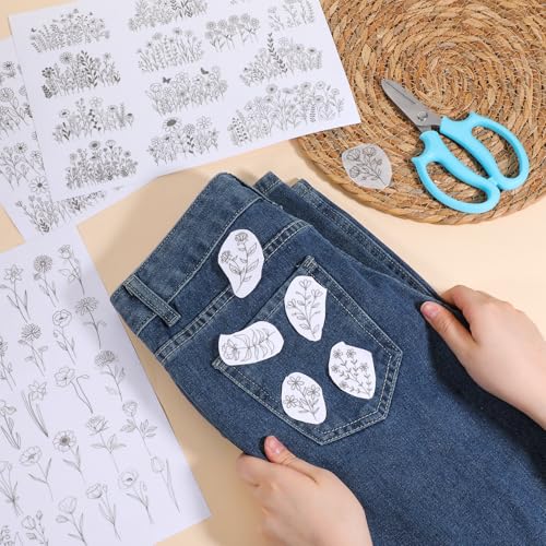 Stick and Stitch Embroidery Paper 4 Sheets, Water Soluble Embroidery Patterns Pre-Printed Wash Away Stabilizer, Dissolvable Floral Leaf Transfer Templates for Hand Sewing Clothes Canvas Bags Jeans
