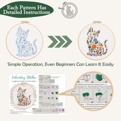 Nuberlic 3 Pack Embroidery Kit for Beginners with Animal Floral Patterm - color: animal floral