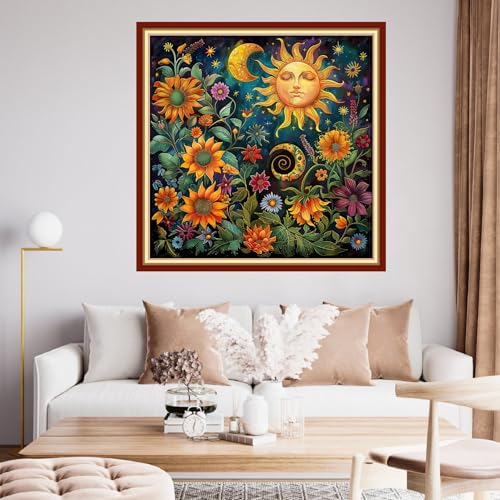 Funchey Stamped Cross Stitch Kits, DIY Cross Stitch Pattern for Adults Beginners Needlepoint Kits Embroidery Kit Arts and Crafts 11CT& Magic Sun Moon Flowers 18x18 inchs - color: HandicraftColor35