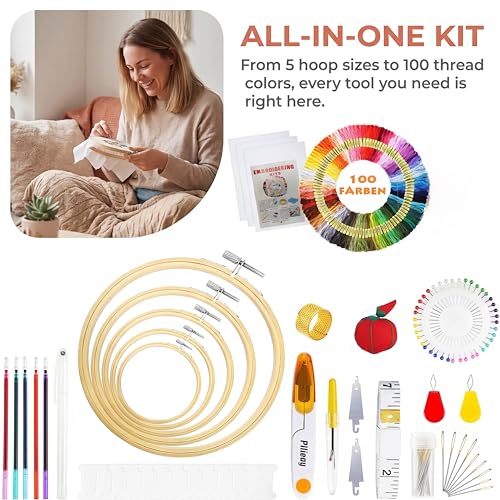 Huacan Embroidery Kit 204 Pcs,100 Colors Threads, 5 Pcs Embroidery Hoops,3 Pcs Aida Cloth, Cross Stitch Tools and Embroidery Starter Kit for Adults and Beginners