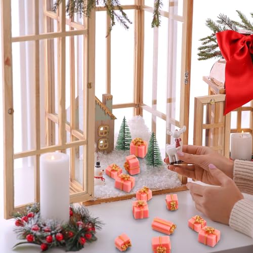 Bucherry 50 Pcs Christmas Miniature Resin Gift Boxes Pink and Gold Mini Christmas Ornaments Xmas Miniature Figurines Charms for Craft DIY Garden Accessories - color: Pink and Gold