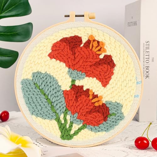 Woohome Punch Needle Kit Included Plastic Hoops, Punch Needle Cloth, Color Yarn and Punch Needle Tools for Adults, Beginners (Red, Pink and Yellow Flowers) - color: Color 17