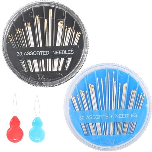 Eketirry 60pcs Premium Hand Sewing Needles，2 Pack 30-Count Assorted Needles for Sewing Repair, 6 Different Sizes Sewing Needles with 2 Threaders (Blue& Black,1) - style: Blue&Black