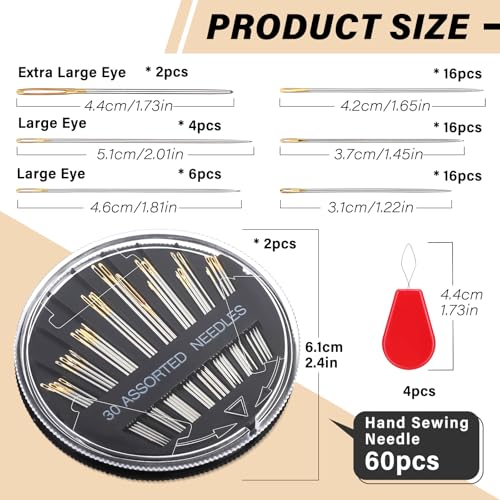 Ftyiwu 60 Pack Sewing Needles for Hand Sewing 6 Sizes Embroidery Needles - size: 60pcs needles