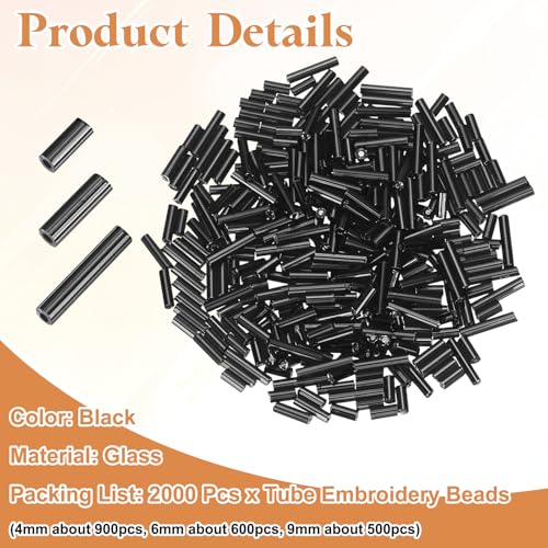 MECCANIXITY 2000pcs Glass Bugle Beads 4/6/9mm Long Tube Cylinder Beads - color: Black