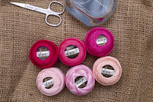 6 Balls Premium Pearl Cotton Embroidery Thread Size 8 | 100% Egyptian Cotton Crochet Yarn | Cross Stitch Embroidery Yarn | Oeko TEX Certified | 10 Grams per Ball (Pink Tones) - color: Pink Tones