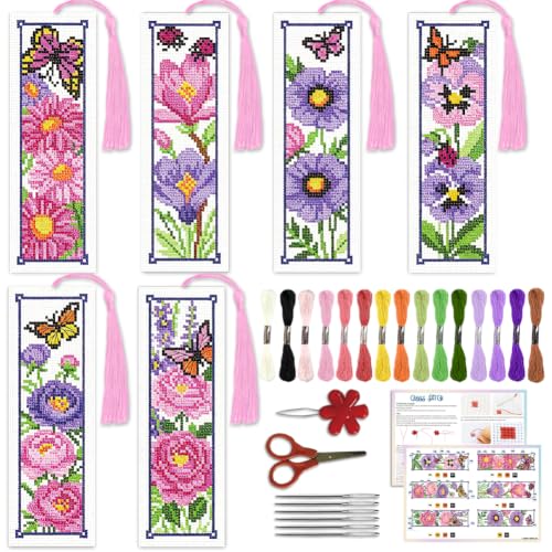 ACRNIGHEET 6PCS Cross Stitch Bookmark Kit for Beginner Stamped Cross Stitch Kits for Adults Floral DIY Tassel Embroidery Bookmark Kits Needlepoint Kit with Instructions Craft Gift 8.5''x3'' 11CT - style: Floral Butterfly with Tassel