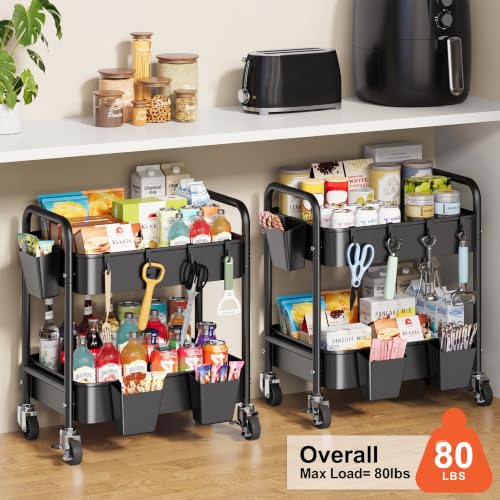 2 Tier Small Rolling Cart Metal with Wheels, Black Under Desk Storage Carts - color: Matte Black, size: 2 Tier + Cups + Hooks