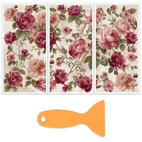 OLYCRAFT 3Pcs Peony Flowers Rub on Transfers for Furniture and Crafts 6x12 Inch Large Botanical Furniture Decals Decor Vintage Floral Transfer Stickers with 1pc Scraper for Glass Cups Cabinets Decor - style: Botanical theme