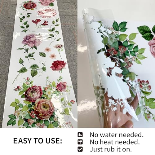 Floral Vintage Rub on Transfer for Furniture Large Flower UV DTF Transfer Sticker for Wood Glass Home Decor, Rose - style: Rose