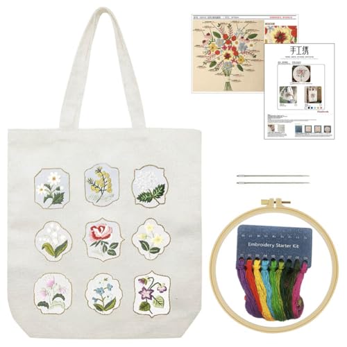 Yangshine Canvas Tote Bag Embroidery Kit with Pattern, Cross Stitch Kits for Beginners, Adults Arts Crafts Needlepoint Kit Include Embroidery Bag, Hoop and Instruction (Beige Bag, Flower #2) - color: Beige Bag, Flower #2