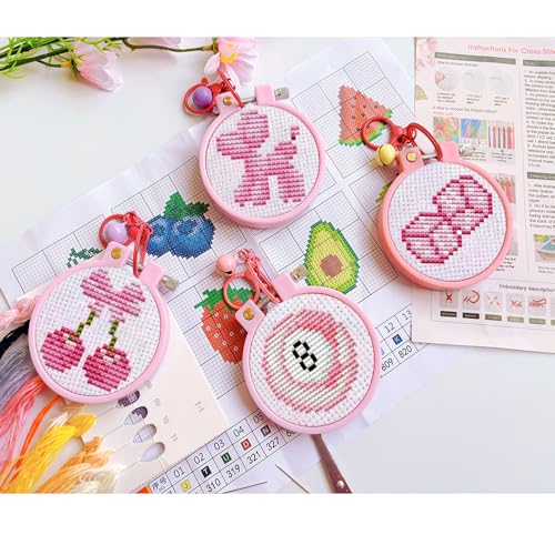8 Pack Pink Stamped Cross Stitch Kits for Adults Beginners with Frame - color: pink