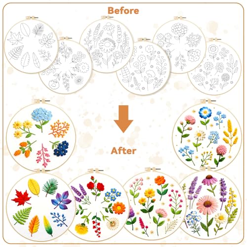 BEUNITONE 6 Pack Beginner Embroidery Kit for Adults, Simple Floral Plants Pre-Stamped Pattern Starter Needlepoint Kits with Hoops & Instruction, Hand Embroidery Kits for Fabric and Home Decor 7.9x7.9 - style: Simple Flowers