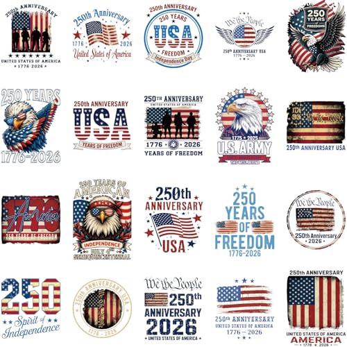 20Pcs Papiailove 250th America Anniversary Dtf Transfers Ready to Press 4th of July Iron on Transfers for Tshirts Independence Day Transfer Vinyl Stickers for Clothing Pillows Bag DIY Crafts - color: 250th Anniversary