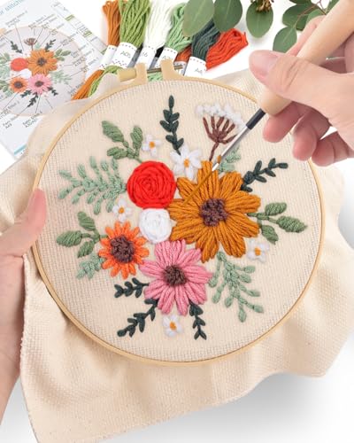 ERKOON Punch Needle Kit Adults Beginners, 2 Pcs DIY Easy Flower Embroidery Set for Starter Art Craft, Needling Punching Project with Patterns, Tools, Yarns, Hoop, Instruction (Colorful Flowers) - color: Colorful Flowers