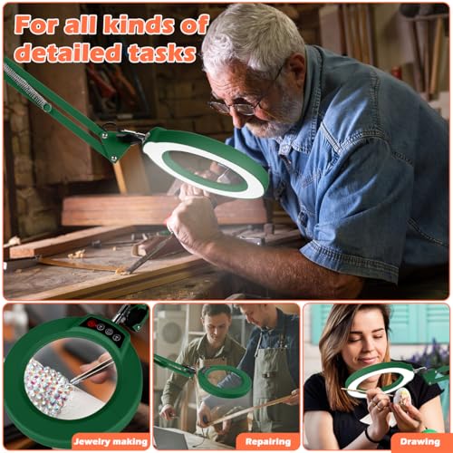 12X Magnifying Glass with Light and Stand, Real Glass Lens Desk Lamp, Lighted Magnifier with Light Stepless Dimming Hands Free for Craft, Reading, Painting, Sewing, Solder - Green - color: Green