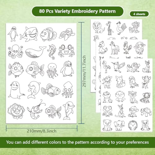 80PCS Water Soluble Embroidery Stabilizers Animal Patterns Embroidery Stick and Stitch Paper with Pre-Printed Animal Pattern for Hand Sewing Lover Beginners