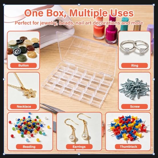 24 Grids Clear Plastic Bead Organizer Boxes with Hinged Lid & Dividers - size: 24 Grids - 2 Packs