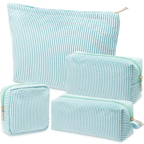 Sanwuta 4 Pcs Seersucker Pouch Striped Makeup Bag Set, Light Blue - color: Acid Blue