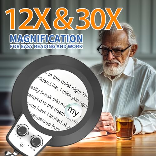 HITTI 12X & 30X Magnifying Glass with Light,Upgrade Infinite Color - size: 12X 30X 9.06 INCH Base & Clamp