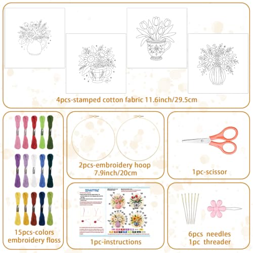 BEUNITONE 4 Set Embroidery Kits for Beginners, Flower Arrangement Design with Pre-Stamped Pattern Craft Kits Include Instruction and Hoops, 7.9x7.9 Needlepoint Kits for Festival Gifts and Home Decor - style: B-Flower Arrangement