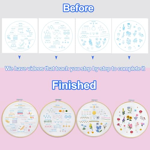 Sutesloly Hand Embroidery Kit for Beginners Adults, 4 Sets Learn to Floral Patterns Simple Starter kit for Beginners, Easy Practice Kit, 7.8inch Hoop, DIY Craft Gift for Women, Pink and Blue - color: pink and blue