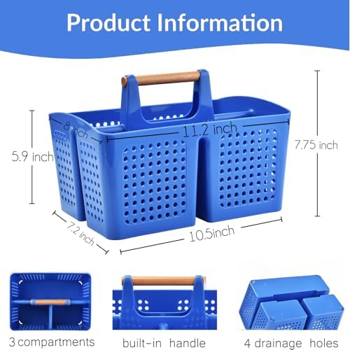 Portable Shower Caddy Basket with 3 Compartments and Handle, Deep Blue - color: Blue