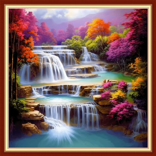 Disxvivy Cross Stitch Stamped Full Embroidery Kits DIY 11CT Cotton Thread Printed DIY Needlepoint Kits Craft Needlework Set Cross-Stitch Stamped Sets-Vernal Fall 18x18 inch - color: Artstyle07