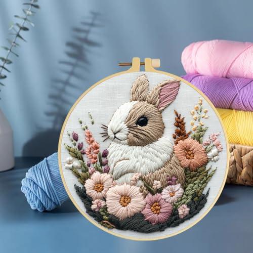 Punch Needle Kits Rabbit in Flowers 20x20cm-2