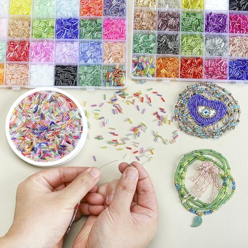 SONGIN 8640Pcs Glass Bugle Beads Kit, 2 * 7mm Tube Beads, Silverlined & Iridescent Craft Bead, 48 Colors Long Tube Bead for Jewelry Making, Embroidery, Crafts & DIY Projects - color: Colorful 01