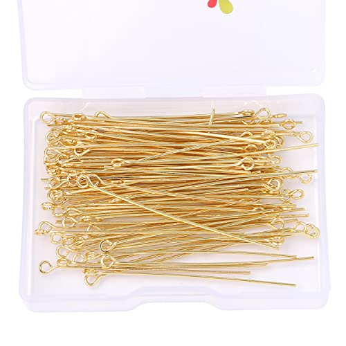 BEADIA 14K Gold Plated Open Eye Pins Non Tarnish 50mm 100pcs for Jewelry Making Findings - color: Open Eye Pins 14k Gold, size: 50x0.7mm
