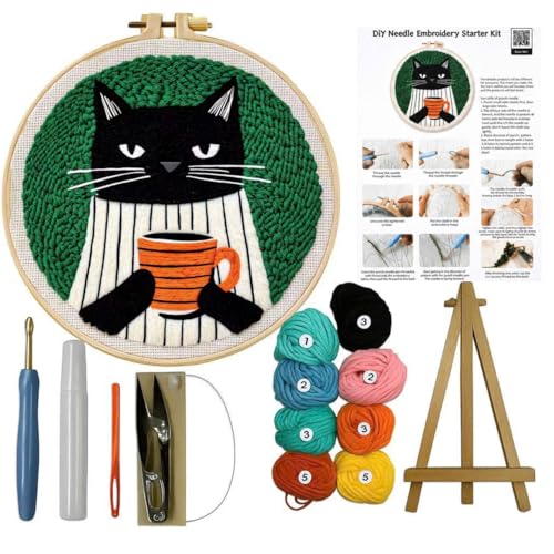 CELCRAFTIQUE Punch Needle Kits for Adults Beginner, Tool with Punch Needle Fabric, Hoops, Yarns and Sewing Needles (Coffee Cat) - color: Coffee Cat