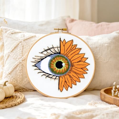 Crafmanoe Sunflower Eyes Embroidery Kits for Beginners Adults, Hand Embroidery Starters Kits, Stamped Cross Stitch Kits Needlepoint Kits for Beginners Adult, Embroidery Hoop, Thread and Video Tutorial - color: H2086, size: 8Inch