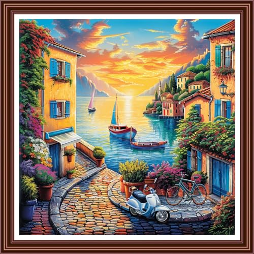 Dimensean Counted Cross Stitch Kit for Beginners, 11CT Unprinted Cross-Stitch Kit Easy Patterns Needlepoint Kit Cross Stitching Embroidery Kit Supplies-Seaside Home Sunset 18x18 inch - color: ColornNEW09
