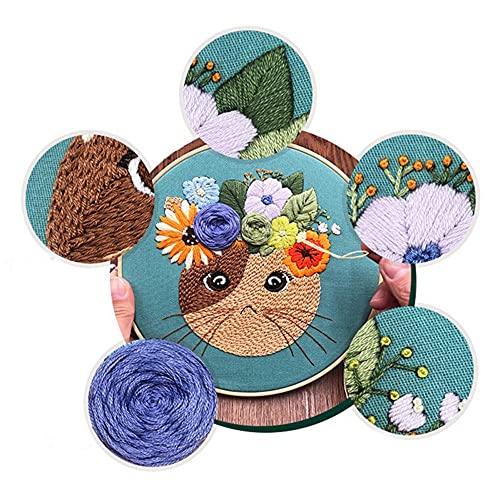 Mozzyyee Embroidery Starter kit, DIY Adult Beginner Embroidery Kits, Including Cloth with Cat Patterns, Colored Threads, Needles, Hoops and Instructions (Blue) - color: Blue
