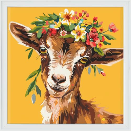 Generic Cute Brown Goat with A Floral Wreath DIY 11CT Stamped Cross Stitch Kits for Beginners Easy Needlepoint Embroidery Counted Cross Stitch Art Craft for Wall Decoration 14x14inch(3)