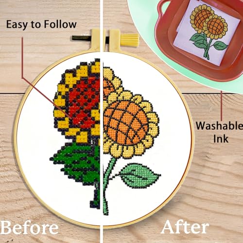 Zhenqing 6 Pack Flower Stamped Cross Stitch Kit for Beginners, 11CT Printed 16 x 16 cm Floral Patterns with Hoop and Tools, Sunflower Iris Calla Lily Primrose Tulip Carnation DIY Embroidery Set - color: 6 Pack Flower